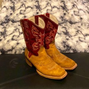 J.B. Dillon Cowboy Boots: Men’s size 11 1/2 EE USA.  Tan/Red